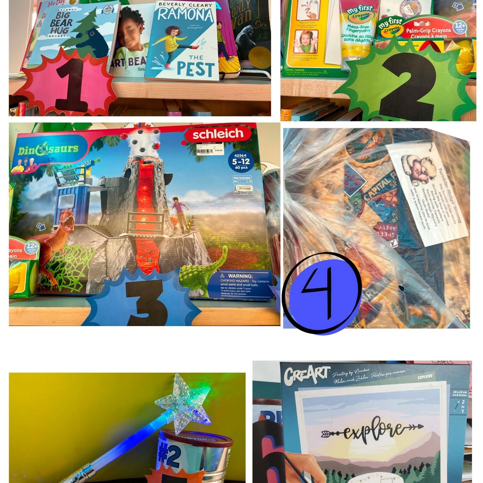 collage of summer reading club prizes ranging from books, art supplies, puzzles, crafts, and other items.