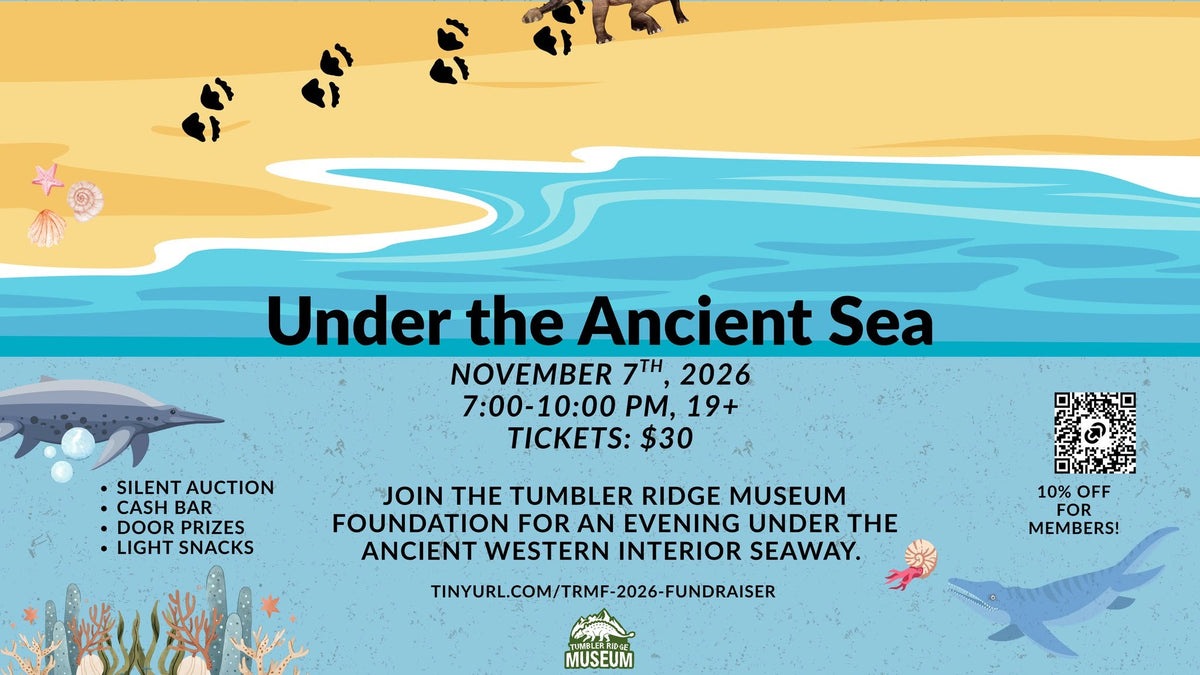 Under the Ancient Sea - Museum fundraiser image with details about the fundraiser overlaid on a beach and underwater scene with prehistoric creatures and dinosaur trackway elements.