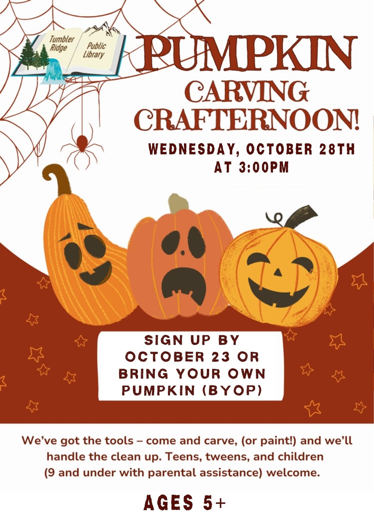 Pumpkin Carving Crafternoon poster for Tumbler Ridge Public Library featuring illustrated carved pumpkins and details for signing up and participation.