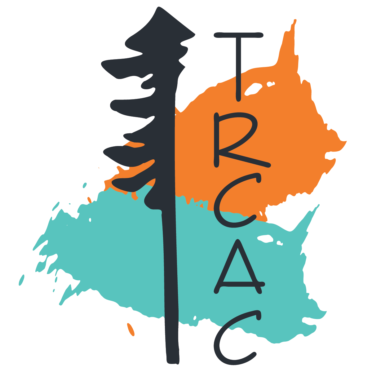 A modified version of the Tumbler Ridge Community Arts Council logo, with silhouette of an evergreen tree, and initials TRCAC displayed vertically beside the tree. Behind the silhouette and initials, a streak of orange and streak of turqoise colour is visible.