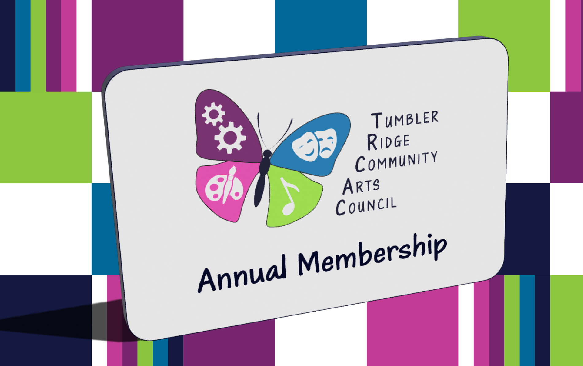 Mockup of TRCAC membership card, with TRCAC butterfly logo and text, above the words "Annual Membership" against a colour-block background in TRCAC brand colours.